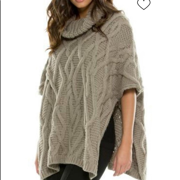 Elan Sweaters - Elan cable knit poncho mocha one size turtle neck